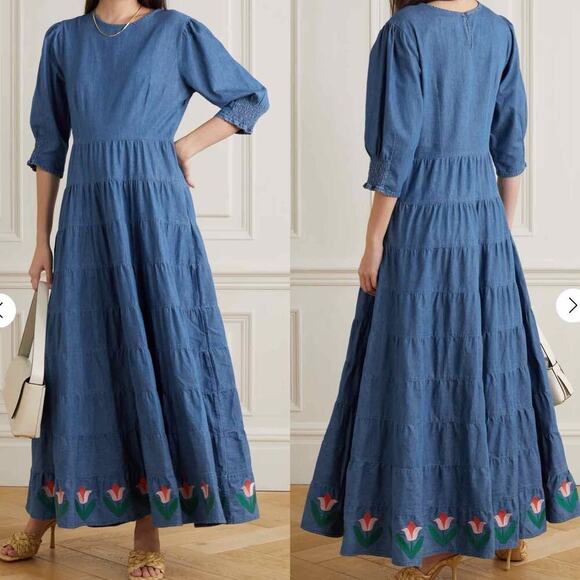 RIXO Kristen Tiered Embroidered Chambray Denim Maxi Dress Size US 6 - Picture 8 of 14